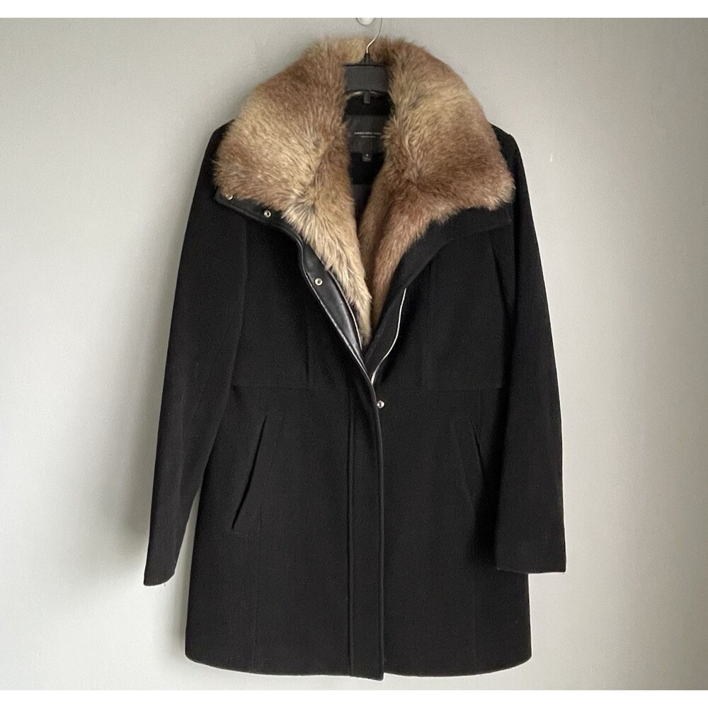 Andrew Marc New York Wool Fur Trim Coat Size 8 Black Zip Snap Winter Coat Career